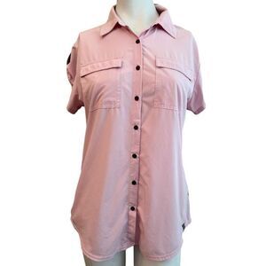 M By Novara Medium Short Sleeve Top Bicycle Unicycle Pink Button Blouse